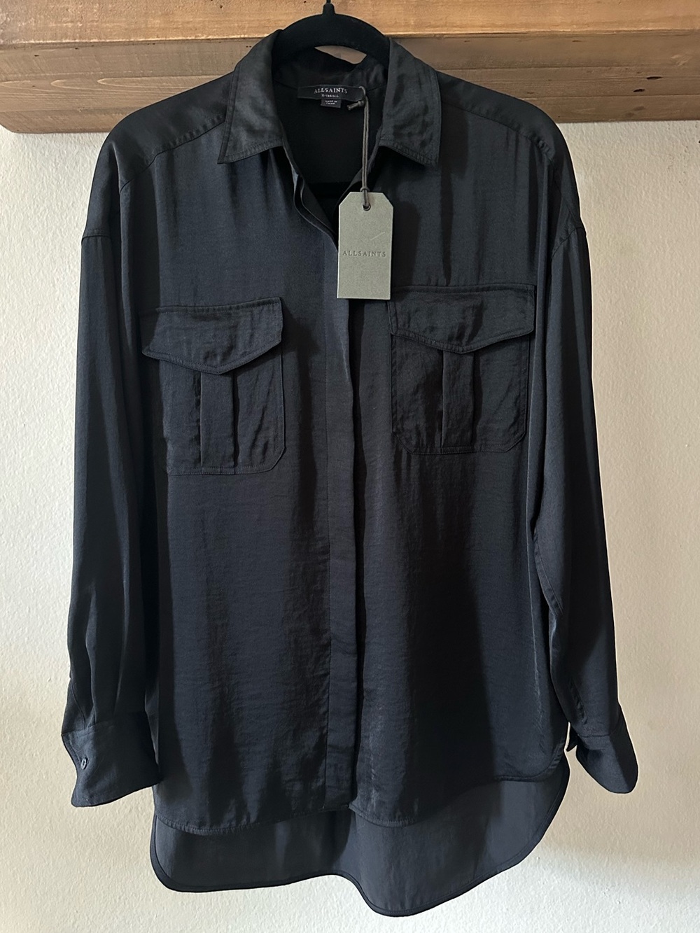 NWT AllSaints Rylee Satin Button Down High Low Oversized Shirt, Black, Sz XS